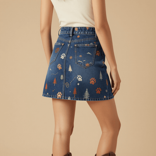 Bear Paw Trail Denim Mini Skirt – Back View – Jessie