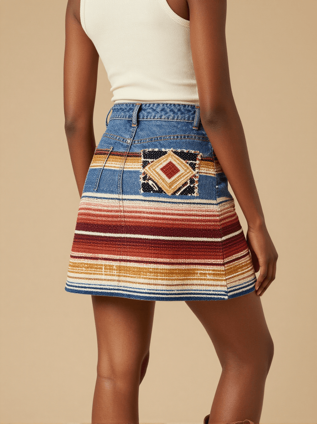 Saltillo Classic Center Denim Mini Skirt – Back View – Amara – Cream / Terracotta / Indigo