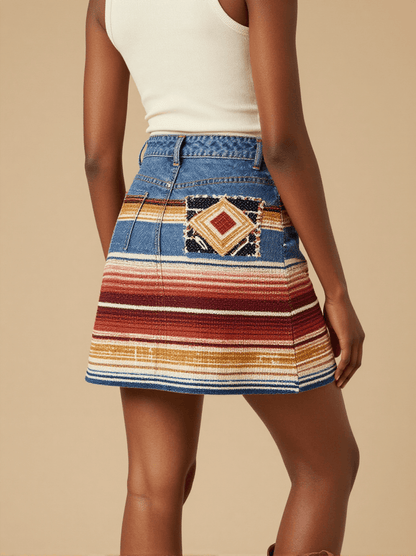 Saltillo Classic Center Denim Mini Skirt – Back View – Amara – Cream / Terracotta / Indigo