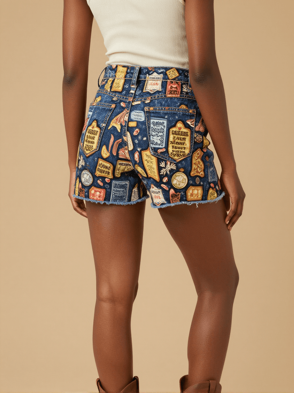 Prairie Pharmacy Labels Denim Shorts – Back View – Amara – Deep Black / Multi