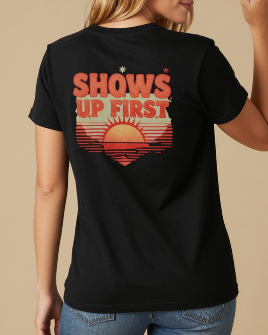 Shows Up First Washed Tee – Back View – Riley