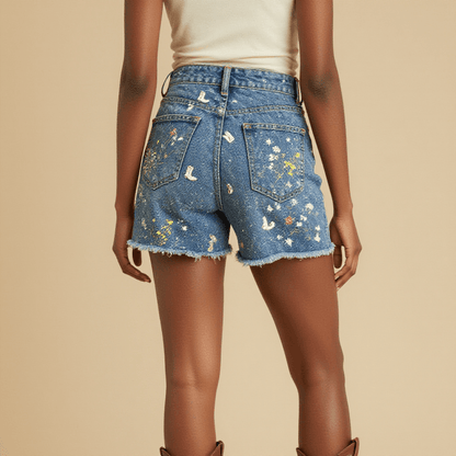 Bootstep Wildflower Denim Shorts – Back View – Amara – Light Wash / Wildflower Multi