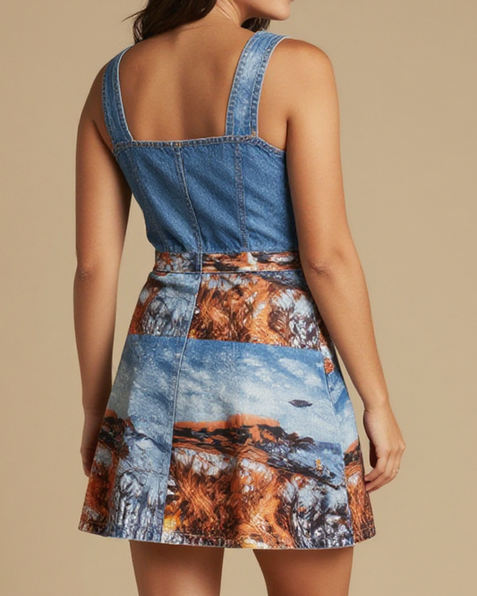 Campfire Ember Field Structured Mini Dress – Back View – Jessie – Indigo / Copper / Trail Bone