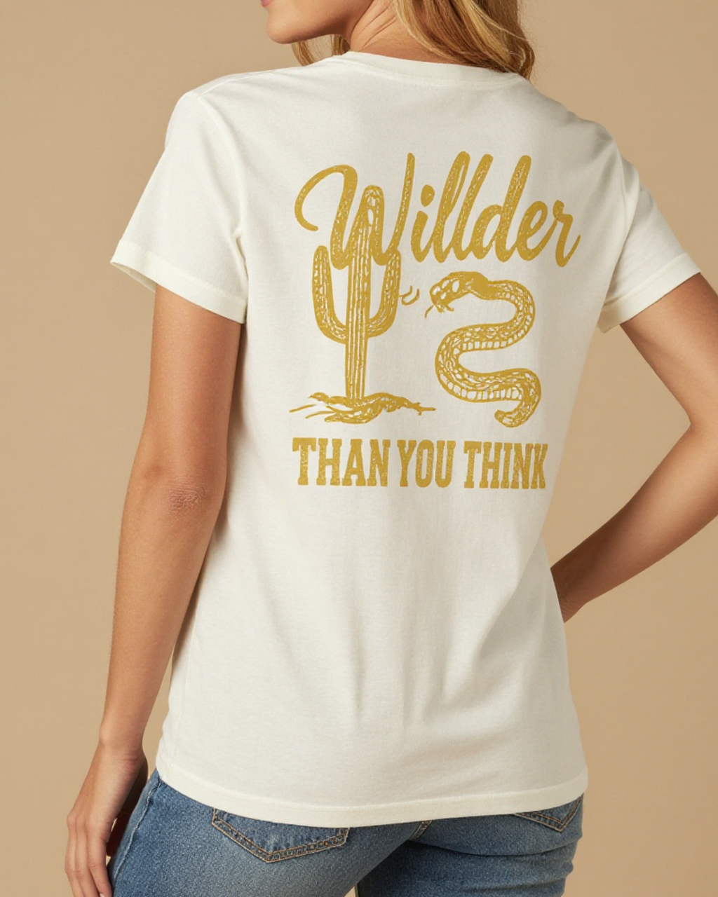 Wilder Than You Think Washed Tee – Back View – Riley – white