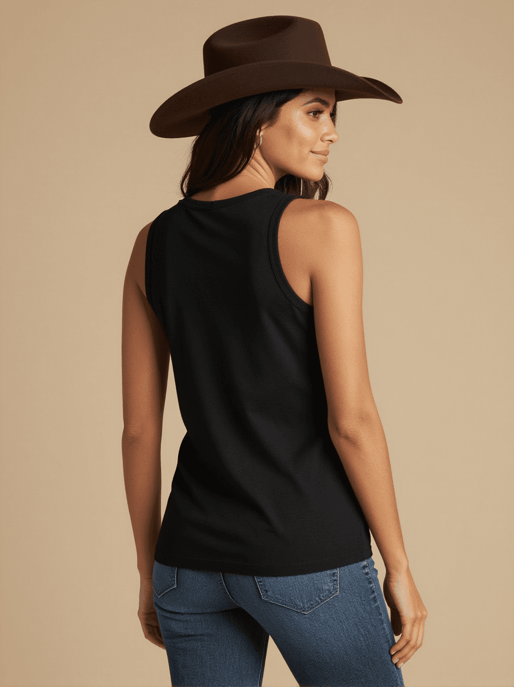 Sacred Datura Specimen Tank Top – Back View – Jessie – Black / Cream / Copper