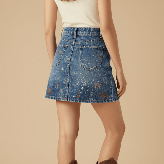 Porch Song Bloom Denim Mini Skirt – Back View – Riley – Indigo / Wildflower Multi