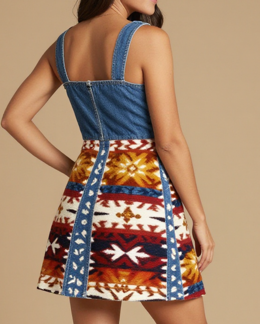 Trade Blanket Classic Structured Mini Dress – Back View – Riley – Cream / Terracotta / Indigo / Gold