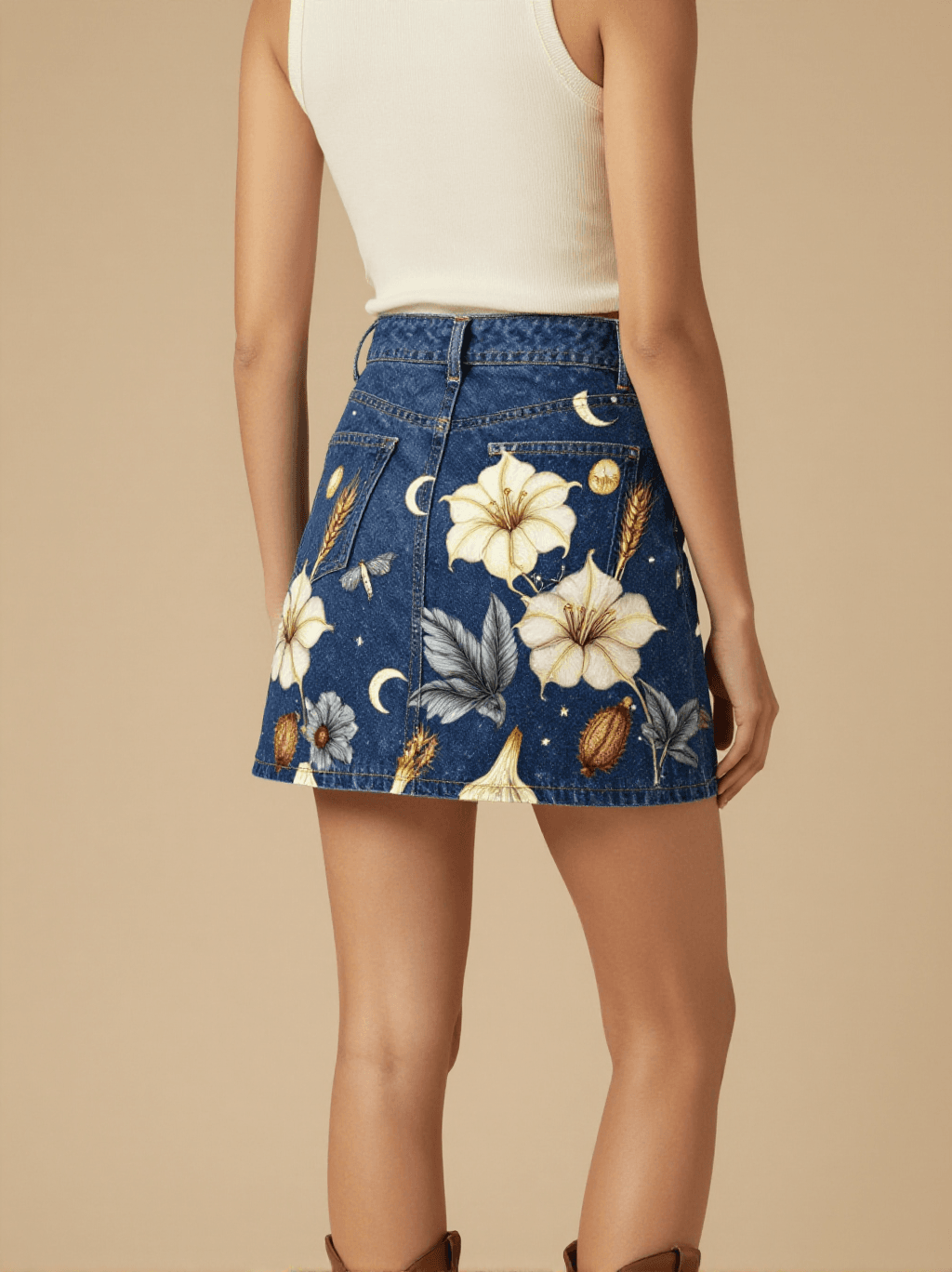Datura Moonwatch Denim Mini Skirt – Back View – Jessie – Midnight Indigo / Cream