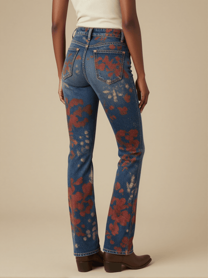 Indigo Flower Cloud Bootcut Jeans – Back View – Amara – Dark Indigo / Roan Red / Trail Bone