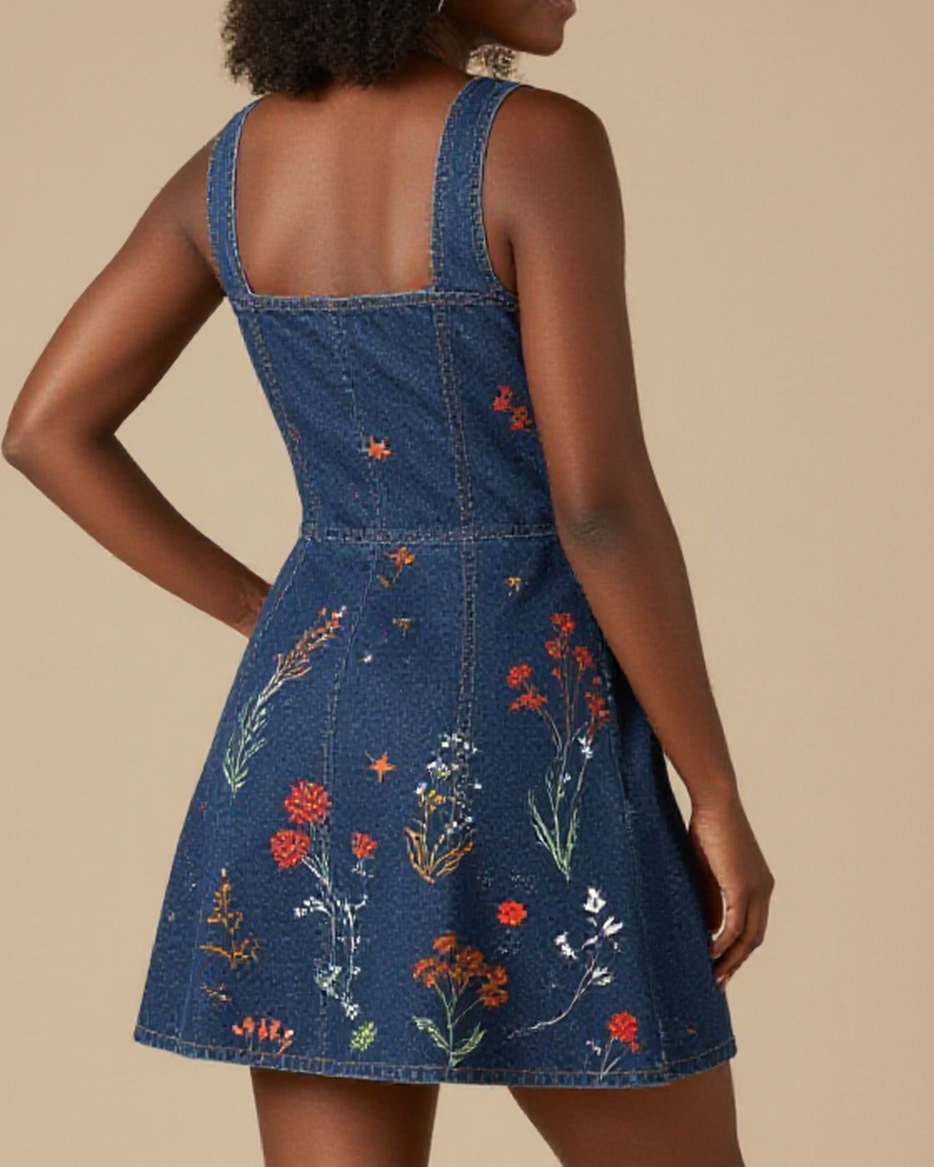 Ticket Stub Wildflowers Structured Mini Dress – Back View – Amara – Blue / Wildflower Multi