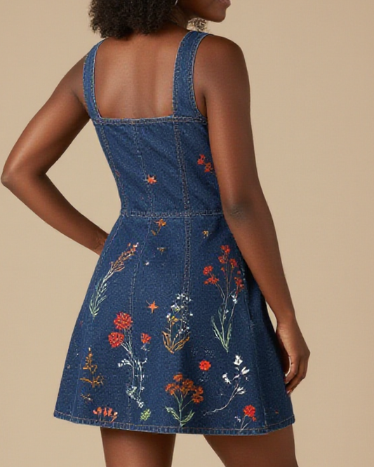 Ticket Stub Wildflowers Structured Mini Dress – Back View – Amara – Blue / Wildflower Multi
