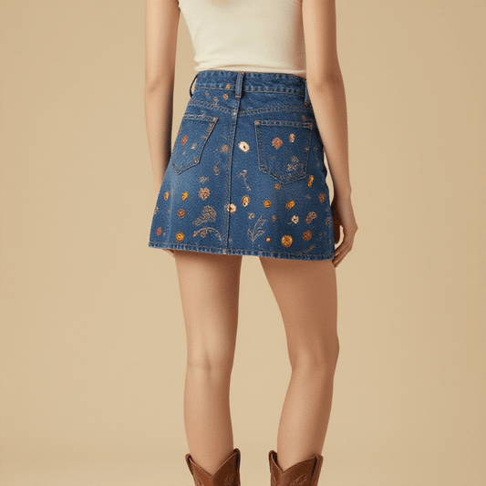 Amber Bulb Bloom Denim Mini Skirt – Back View – Mara – Indigo / Amber / Roan Red