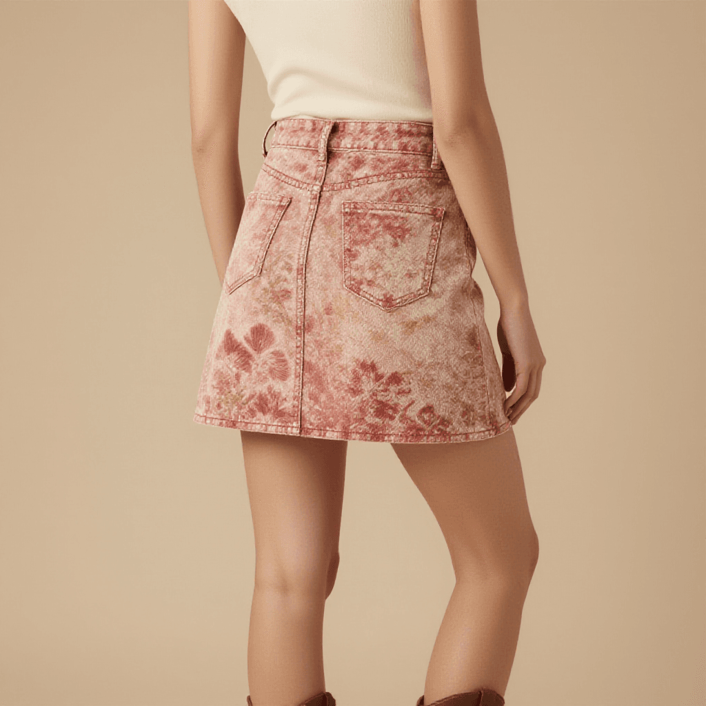 Ghost Prairie Bloom Denim Mini Skirt – Back View – Riley – Light Wash / Faded Cream / Roan Red