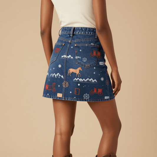 Stagecoach Mary's Route Denim Mini Skirt – Back View – Amara