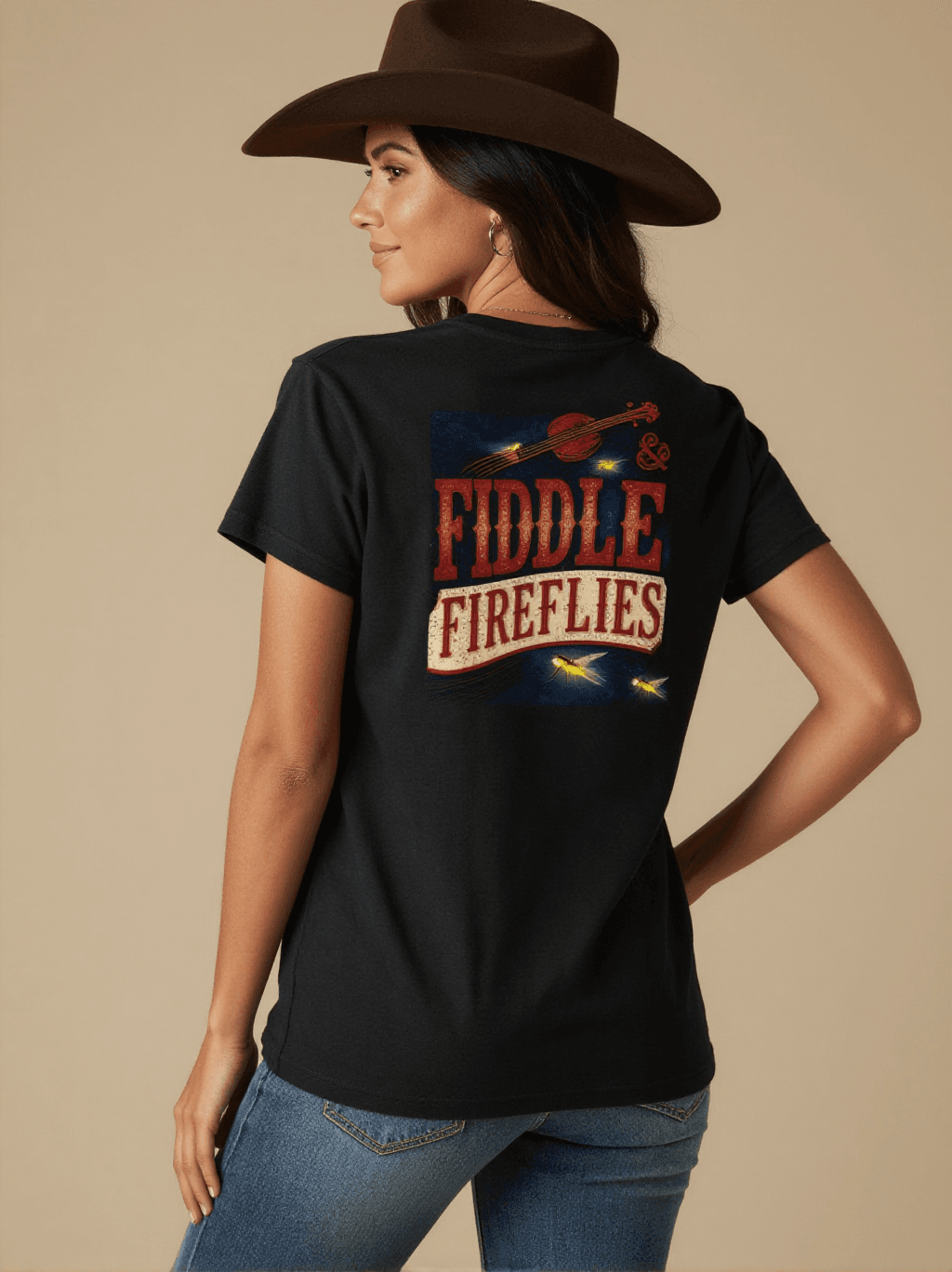 Fiddle & Fireflies Washed Tee – Back View – Jessie – black