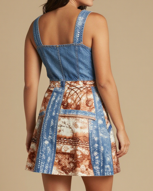 Trail Light Trellis Structured Mini Dress – Back View – Jessie – Midnight Indigo / Copper / Trail Bone