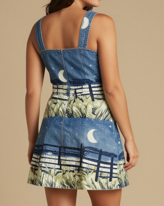 Moonlit Fence Rhythm Structured Mini Dress – Back View – Jessie – Midnight Indigo / Copper / Trail Bone