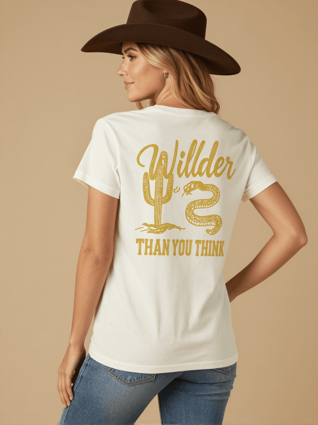 Wilder Than You Think Washed Tee – Back View – Riley – white