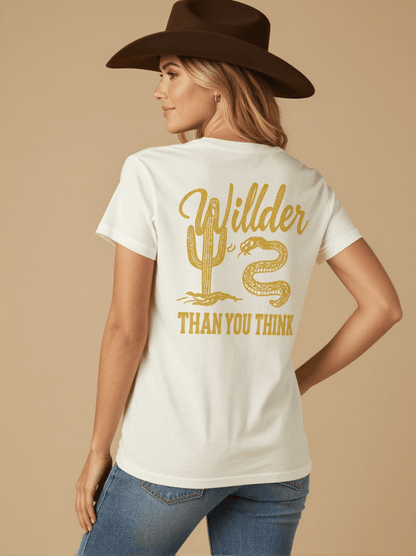Wilder Than You Think Washed Tee – Back View – Riley – white