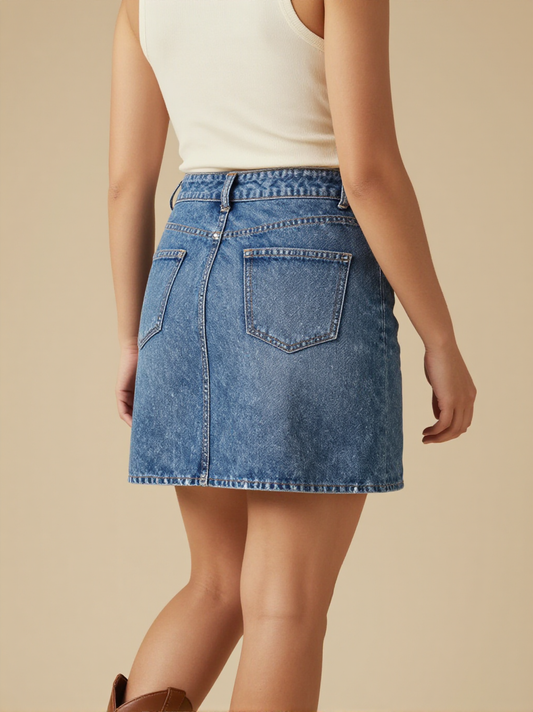 Fences Make Good Neighbors Denim Mini Skirt – Back View – Jessie – Blue Denim