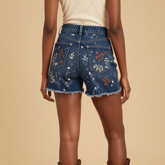 Prairie Waltz Floral Denim Shorts – Back View – Amara – Indigo / Wildflower Multi