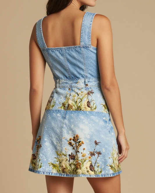 Bootstep Wildflower Structured Mini Dress – Back View – Jessie – Indigo / Sage / Copper