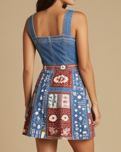 Two Step Petals Structured Mini Dress – Back View – Jessie – Indigo / Sage / Copper