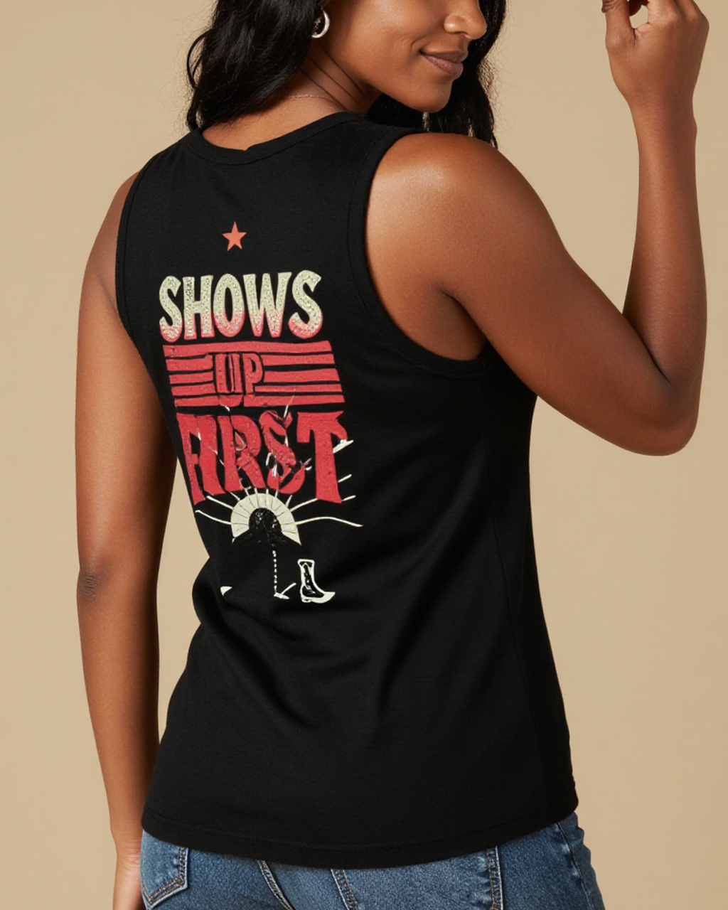 Shows Up First Tank Top – Back View – Amara