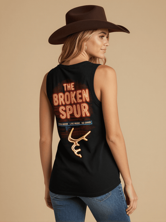 Broken Spur Neon Tank Top – Back View – Riley – Black / Terracotta / Teal