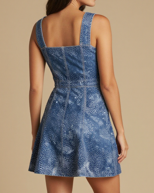 Prairie Night Dots Structured Mini Dress – Back View – Jessie – Midnight Indigo / Star White