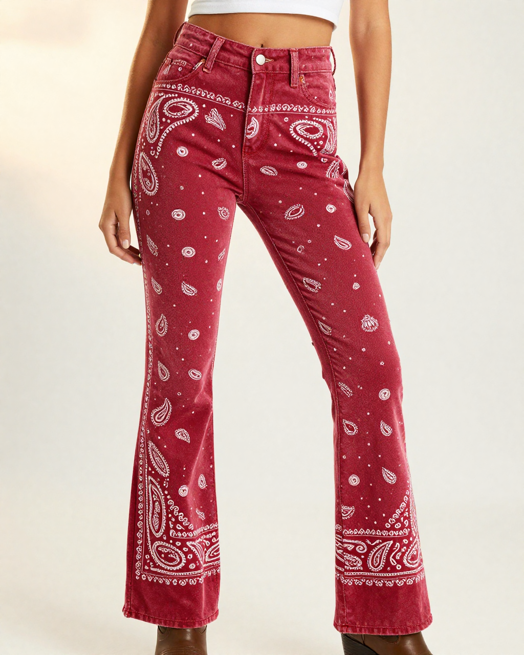 Classic Red Bandana Bootcut Jeans – Front View – Riley – Red / White