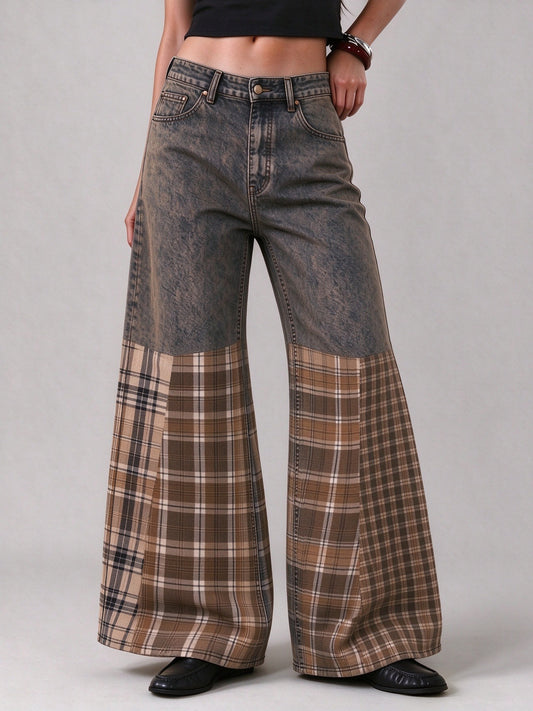 Prairie Plaid Patchwork Wide-Leg Jeans