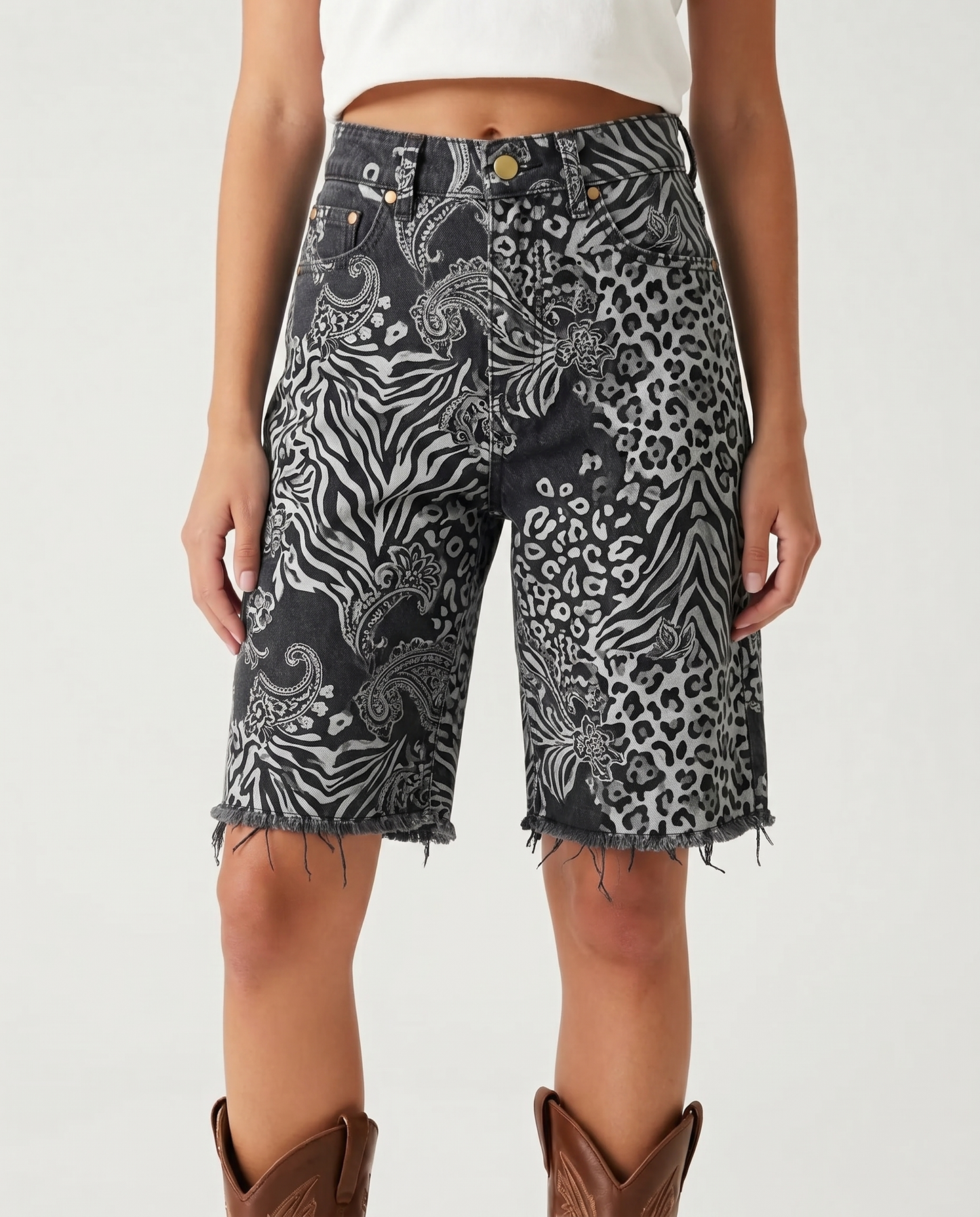 Aqua Mandala Scatter Denim Shorts – Front View – Riley – Light Blue