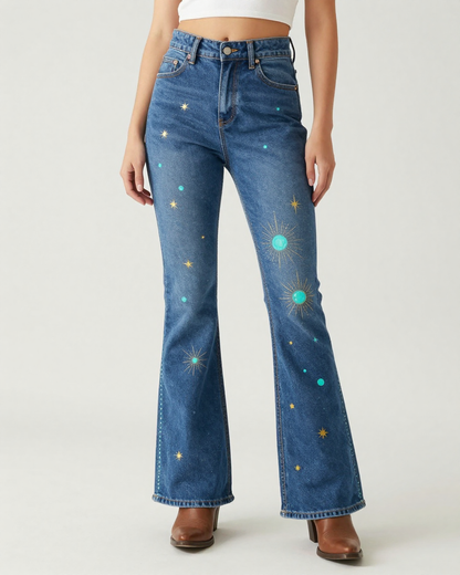 Celestial Starburst Bootcut Jeans – Front View – Riley – Medium Blue