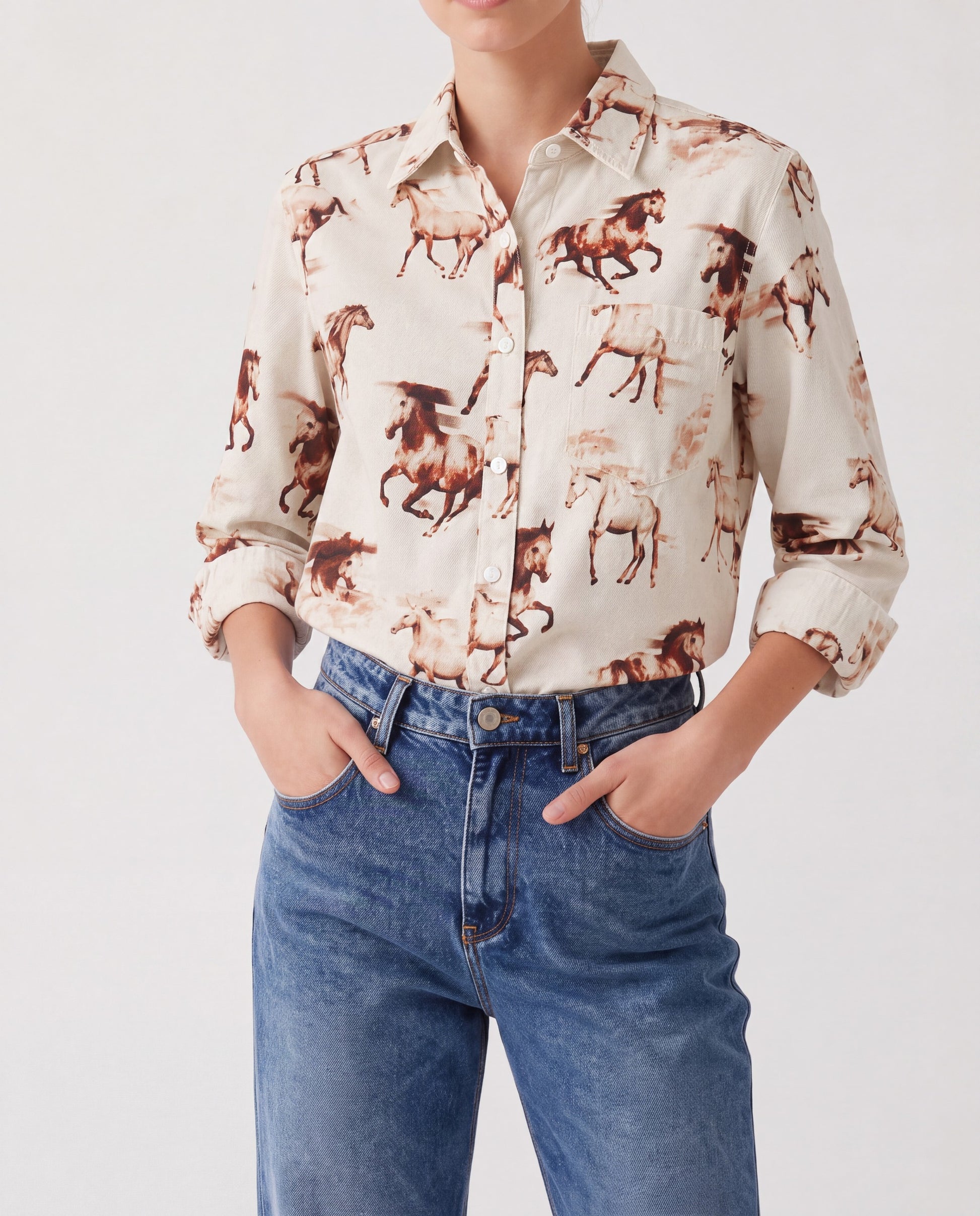 Wild Mustang Blouse RB-TOP16 – Front View – Riley – cream, brown