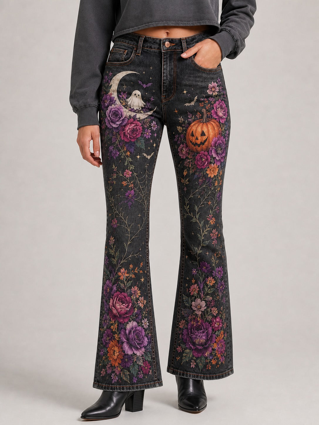 Midnight Harvest Bootcut Jeans – Front View – Riley – black, purple, orange