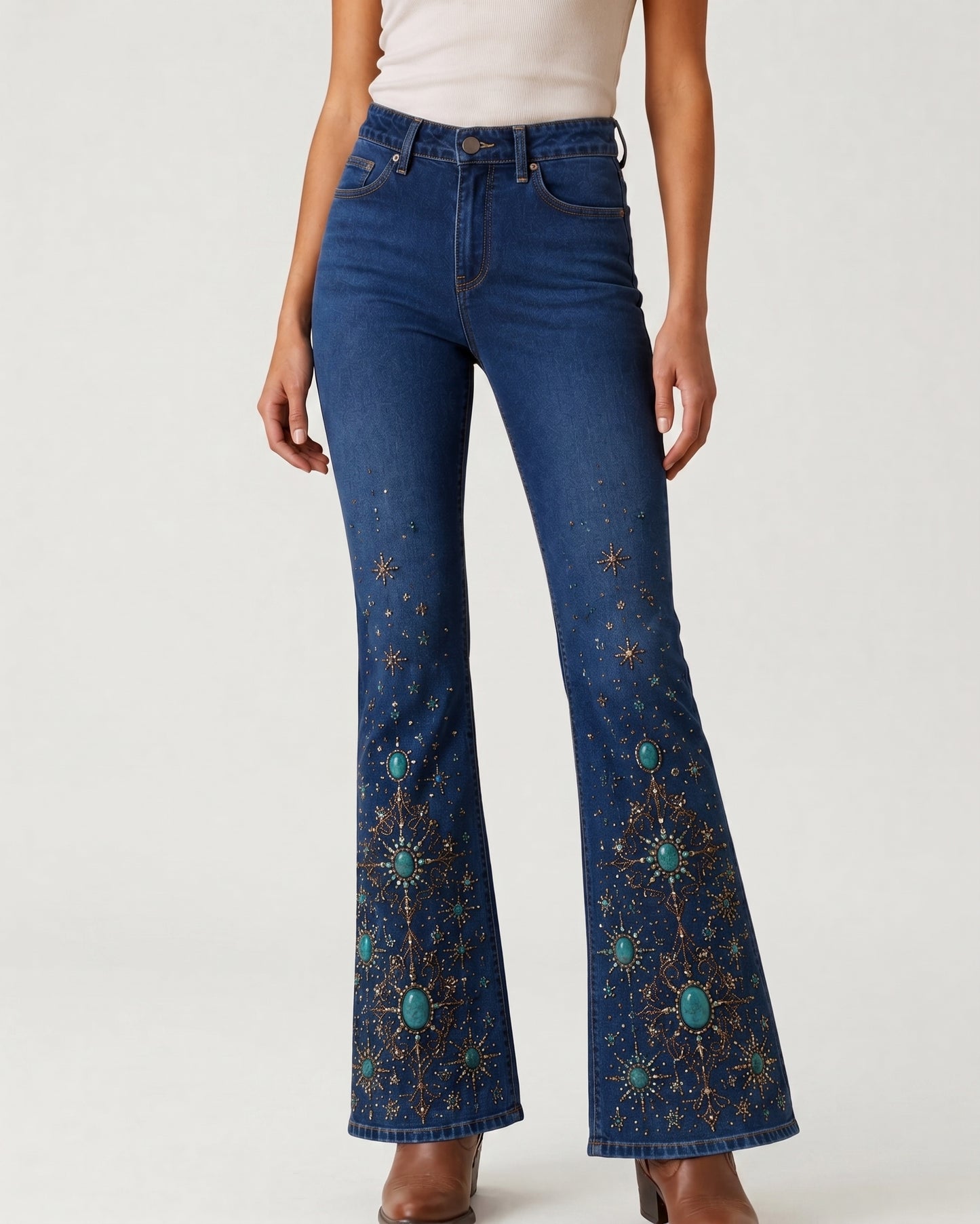 Aqua Paisley AOP Bootcut Jeans – Front View – Riley – Aqua Blue