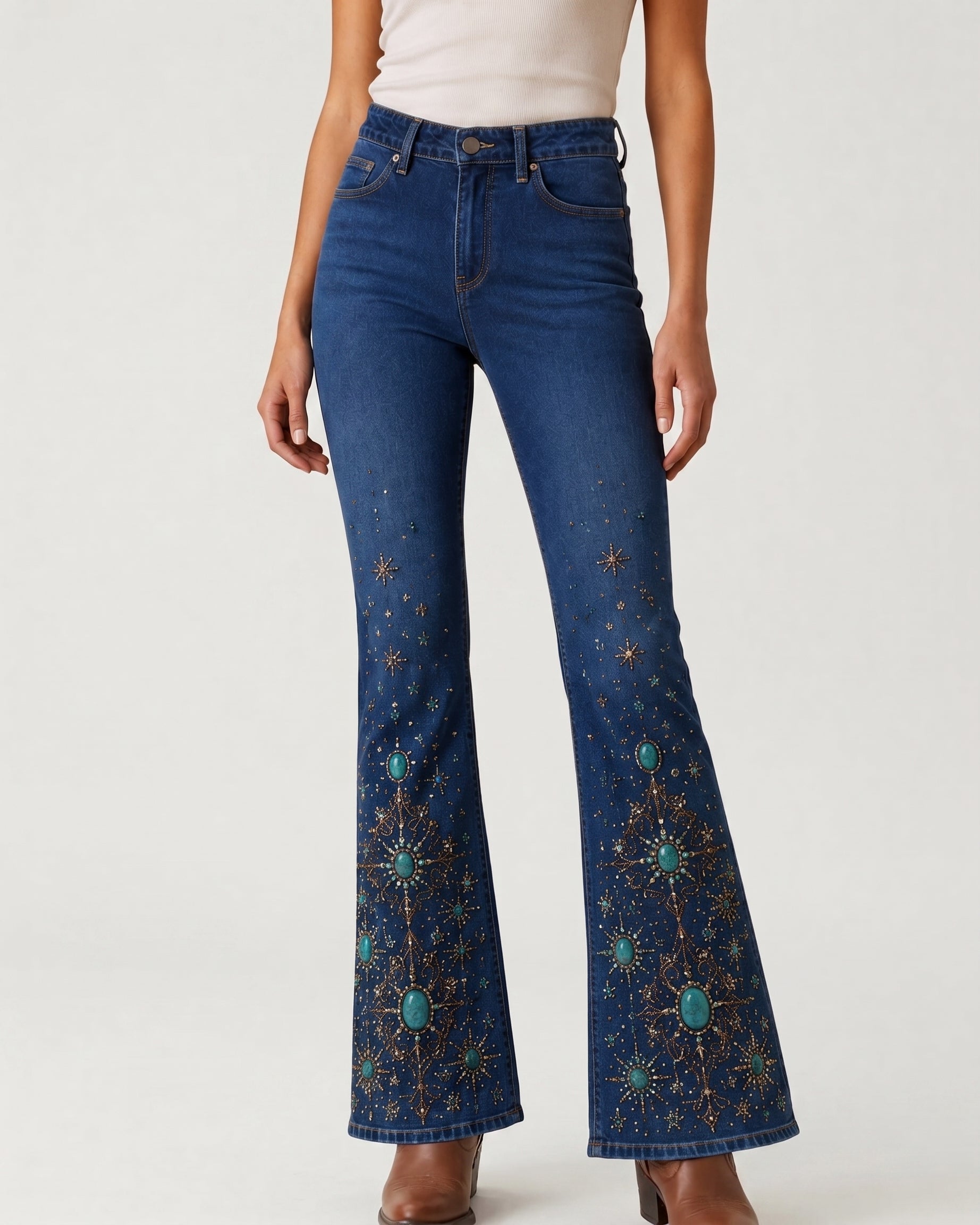 Aqua Paisley AOP Bootcut Jeans – Front View – Riley – Aqua Blue