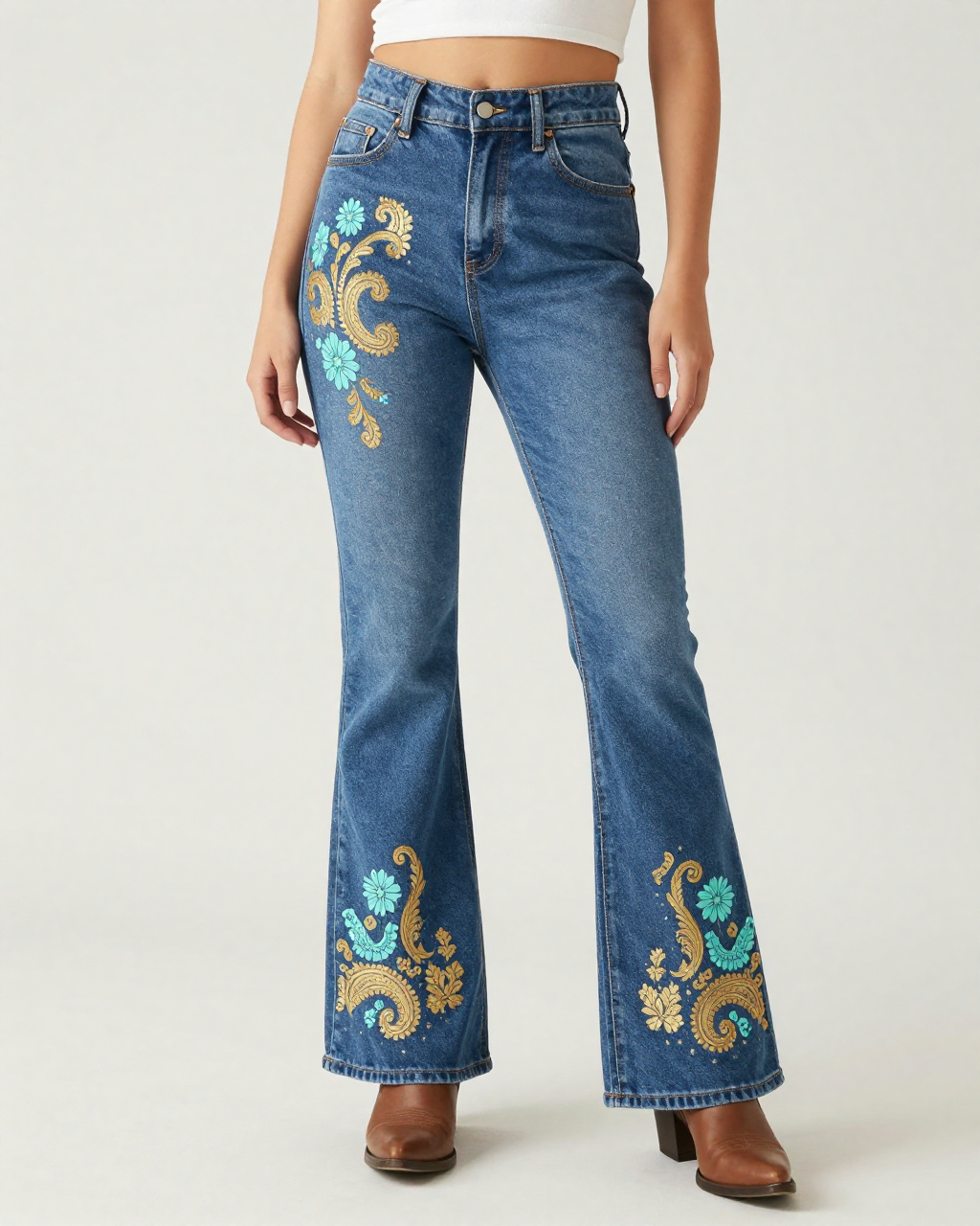 Paisley Bloom Bootcut Jeans – Front View – Riley – Medium Blue