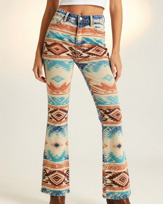 Chimayo Stripe Bootcut Jeans – Front View – Riley – Terracotta / Turquoise / Cream