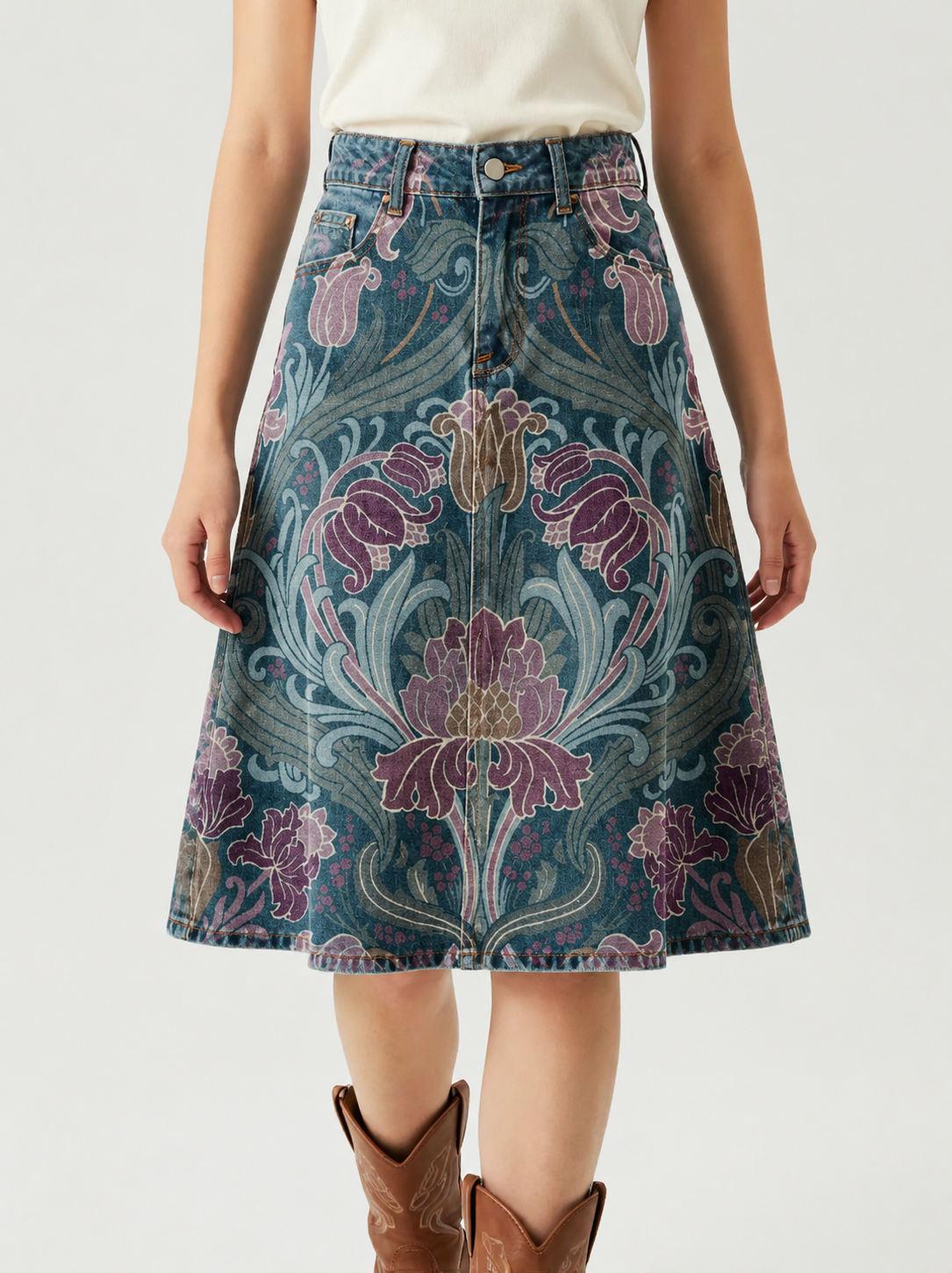Dark Blue Florals Scrollwork RB-SKT03 – Front View – Jessie – Dark Blue