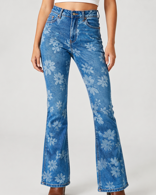 Cactus Bloom Blue Floral 2 Bootcut Jeans – Front View – Riley – blue