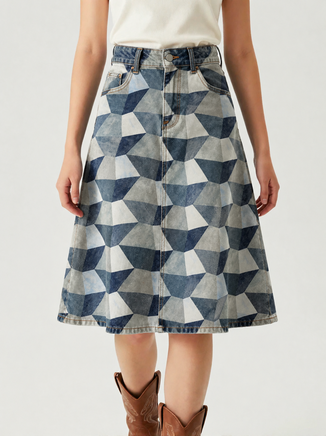 Medium Blue Triangles RB-SKT03 – Front View – Jessie – Medium Wash Blue