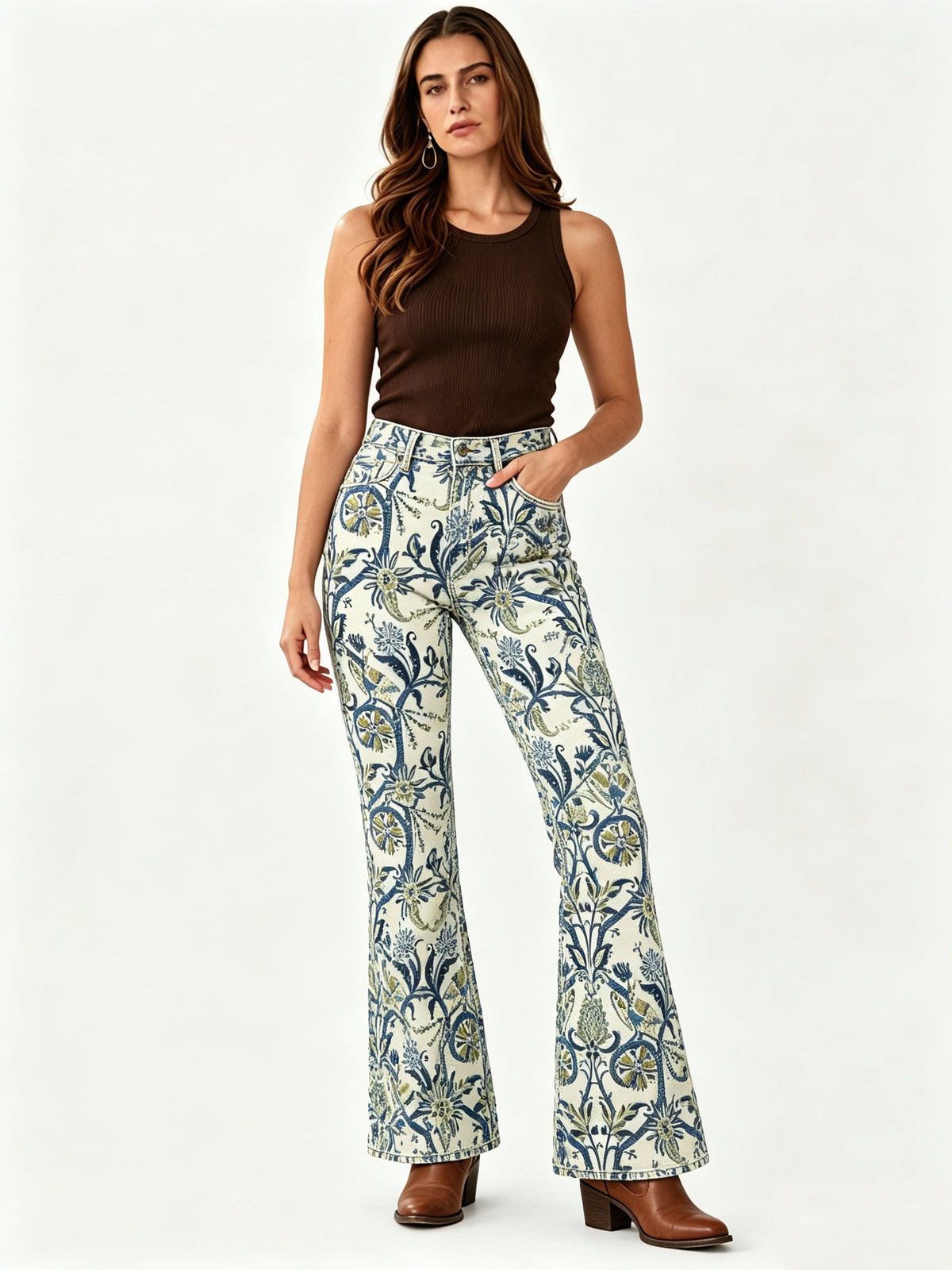 Prairie Bloom Cream Floral Bootcut Jeans – Front View – Riley – cream, navy, olive