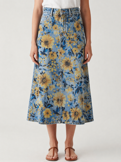 Cactus Mirage Blue Floral RB-SKT10 – Front View – Jessie – blue, yellow