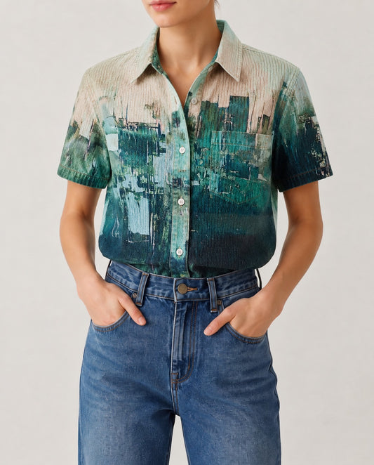 Cactus Mirage Teal Abstract RB-TOP15 – Front View – Riley – Teal, Beige