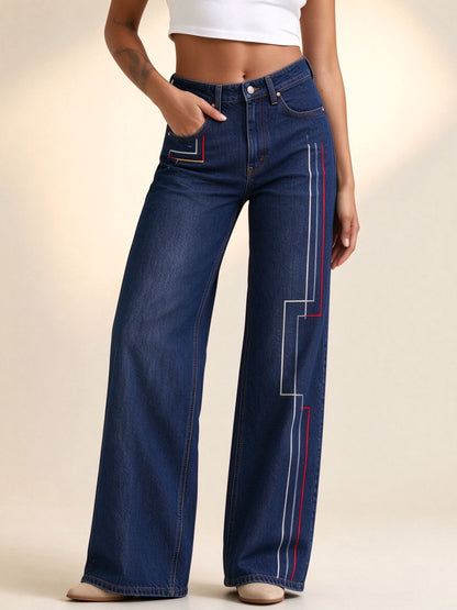 Rodeo Stitch Lines High-Rise Straight-Leg Jeans