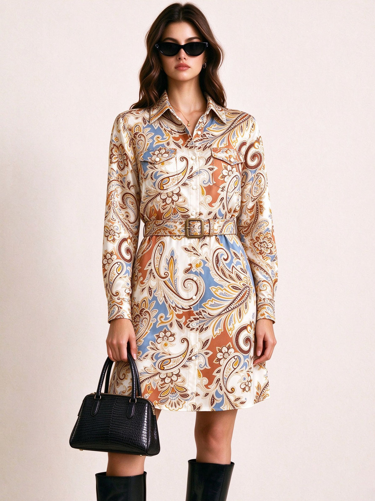 Prairie Swirl Belted Shirt Dress