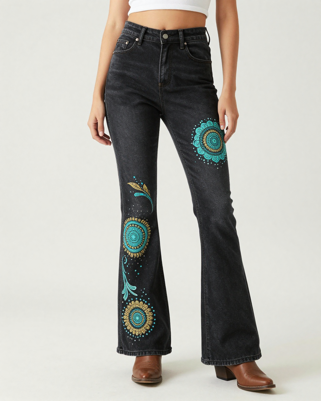 Black Mandala Scroll Bootcut Jeans – Front View – Riley – Black