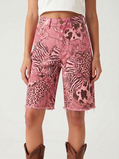 Jade Paisley Dense Denim Shorts – Front View – Riley – Medium Blue